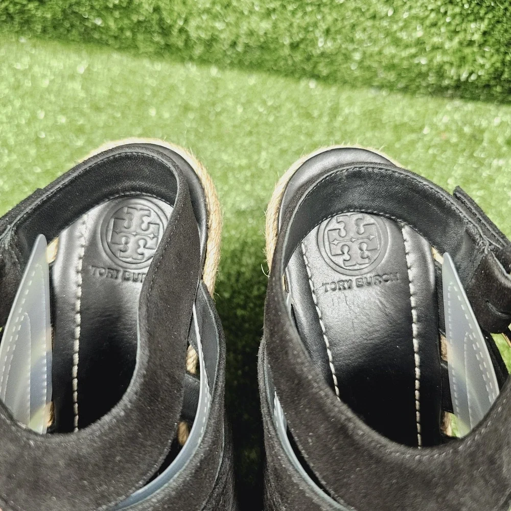 Tory Burch Bailey Black Strappy Espadrille Wedge Sandals Womens Size 8.5
